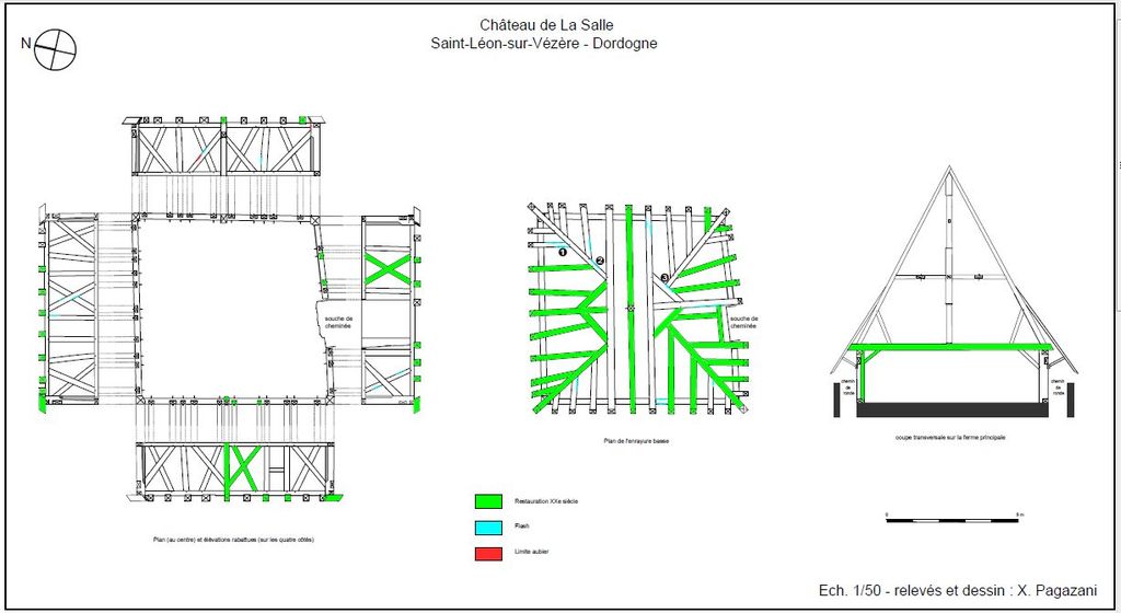 Plan, coupe et élévation de la charpente de la tour-maîtresse (relevé manuel X. Pagazani, 2014).