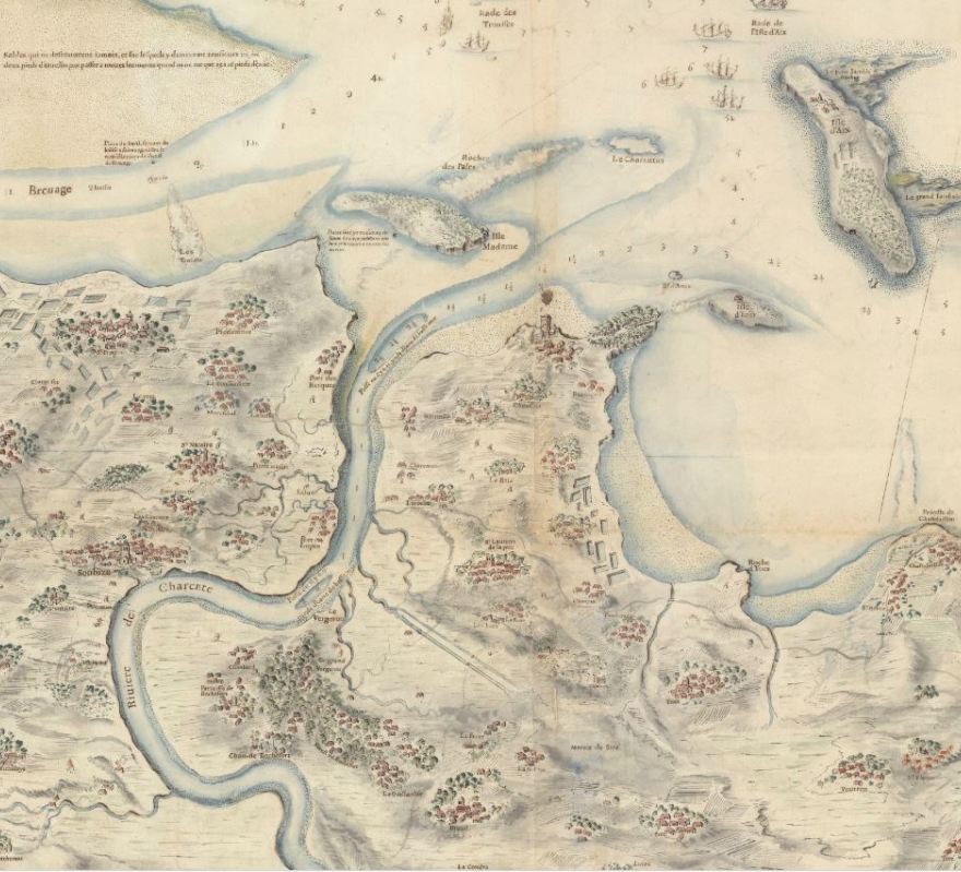 L'estuaire de la Charente avant l'implantation de l'arsenal à Rochefort. Détail de la carte des côtes d'Aunis et Saintonge par Louis-Nicolas de Clerville.