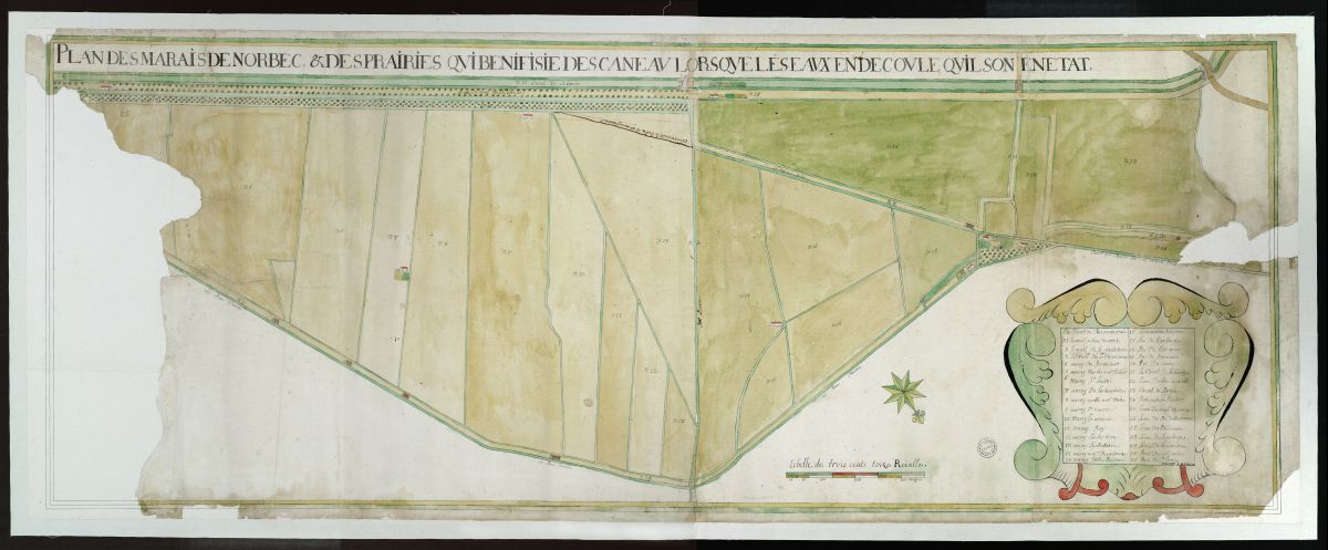 Plan des marais desséchés de Norbec par Degay, vers 1771.