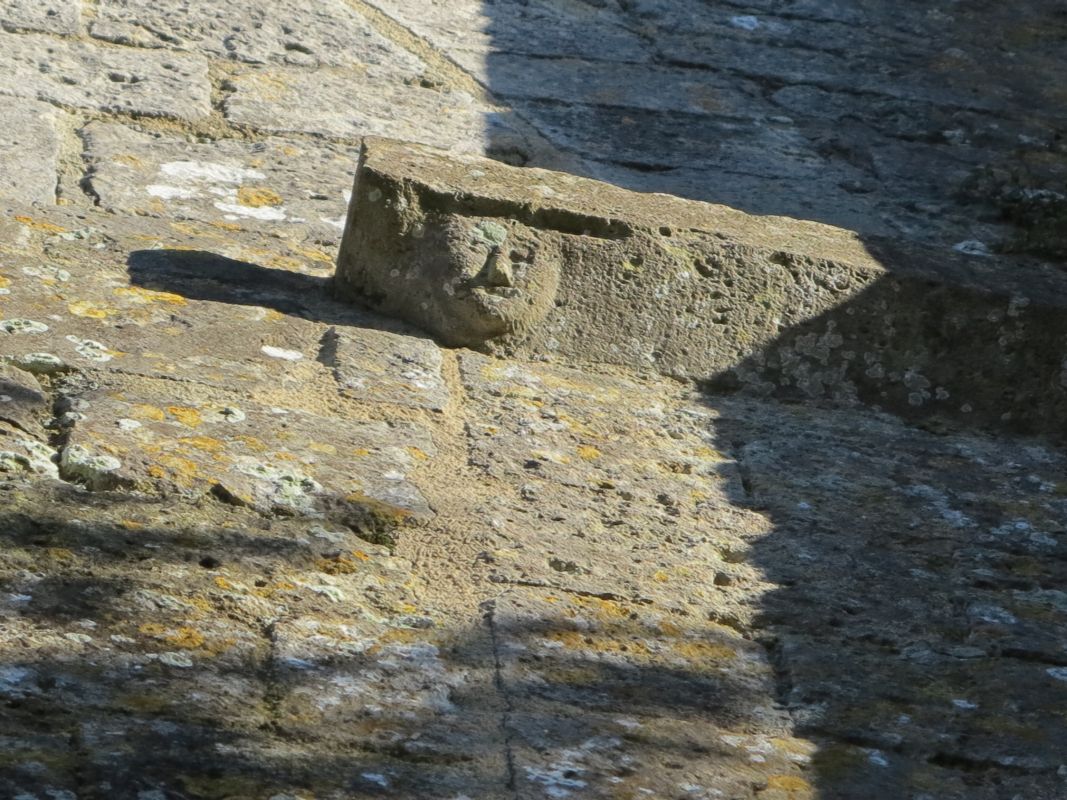 Tête sculptée sur les restes de corniche du mur ouest.
