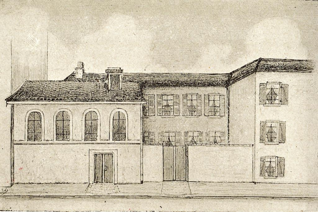 Dessin représentant l'école normale vers 1909, avec la chapelle à gauche. (publié dans Paul Lahargou, Le Collège de Dax, 1909).