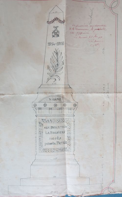 Projet de monument aux morts approuvé le 8 novembre 1921, élévation, attribué à Aristide Rivaud, entrepreneur.