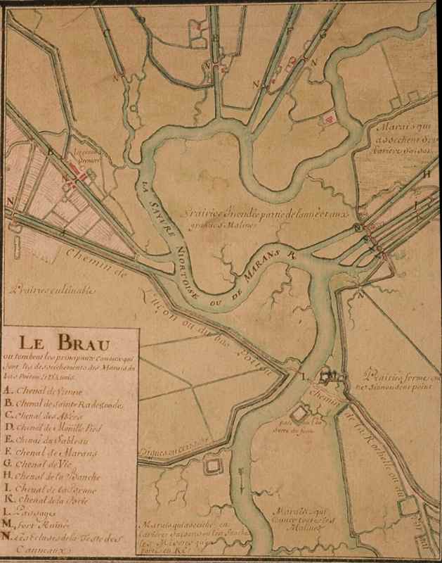 Carte de l'anse du Brault par Claude Masse en 1704, mentionnant les différentes portes des canaux dont celle du canal du Marais Sauvage, en haut (repère F).