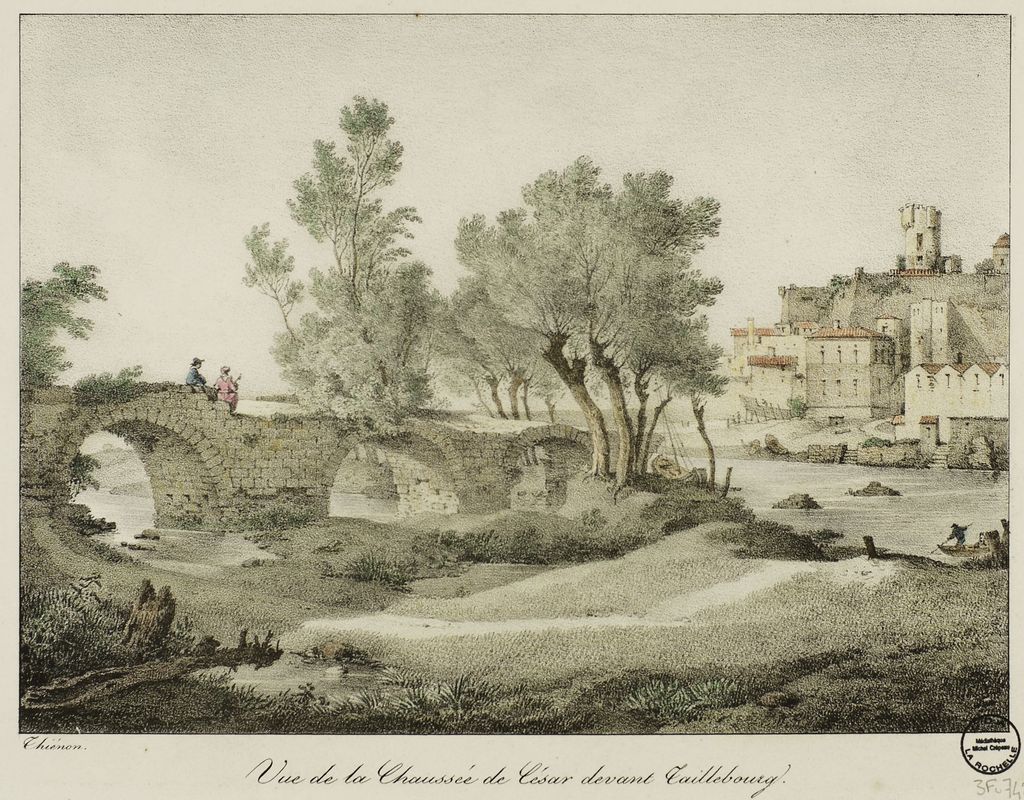 Estampe de Louis Désiré Thienon montrant l'extrémité de la chaussée auprès du fleuve et les deux piles du pont disparu, milieu 19e siècle.