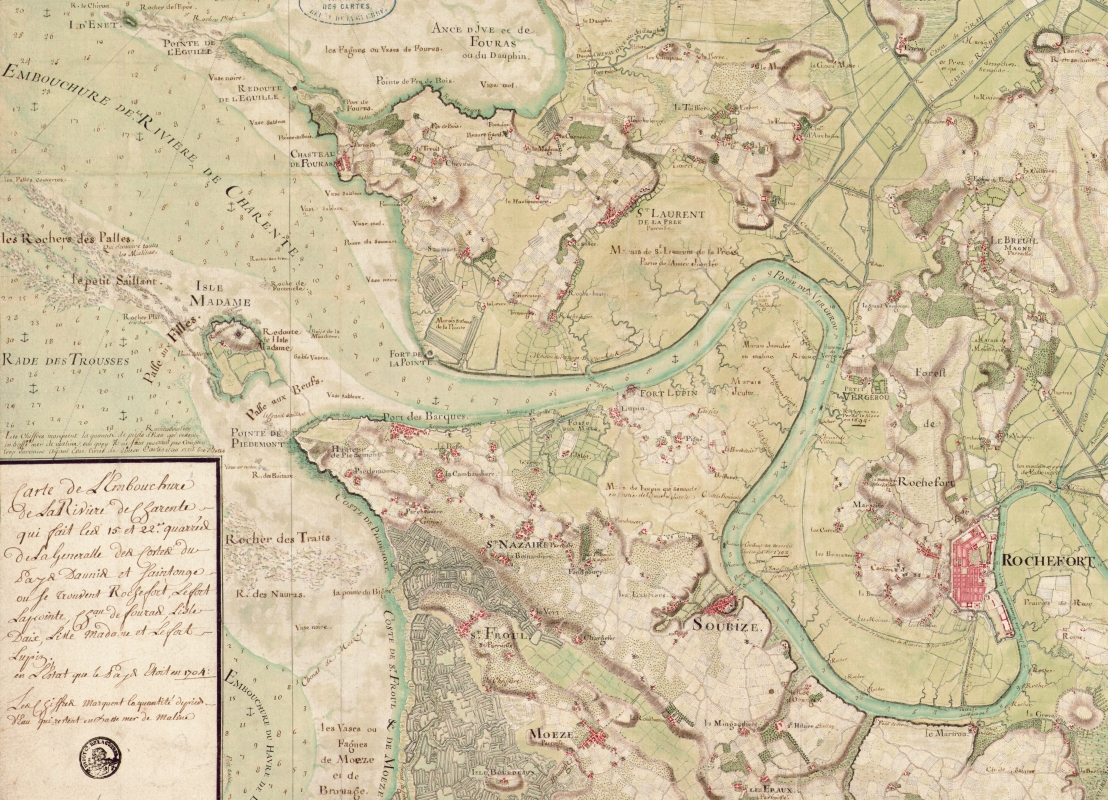 Les batteries de Vergeroux sur une carte de l'embouchure de la Charente datée de 1704.