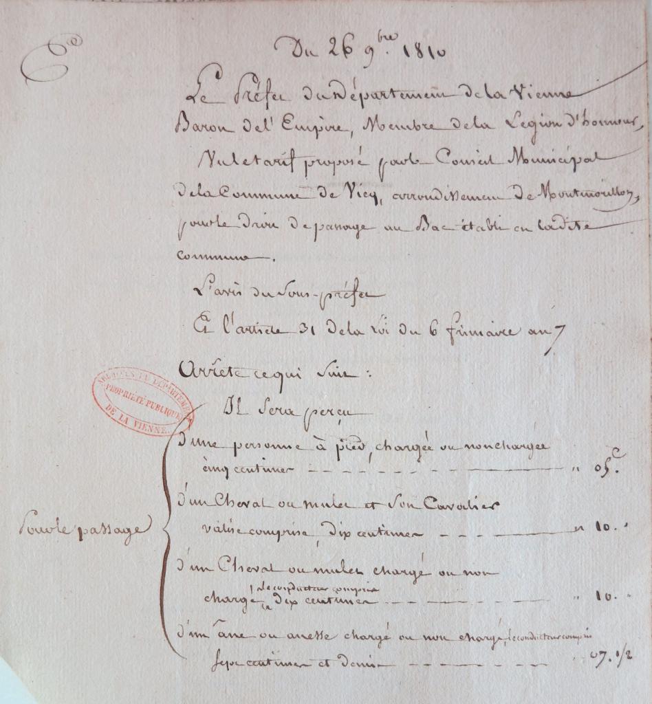 Les tarifs du bac de Vicq en 1810, page 1.