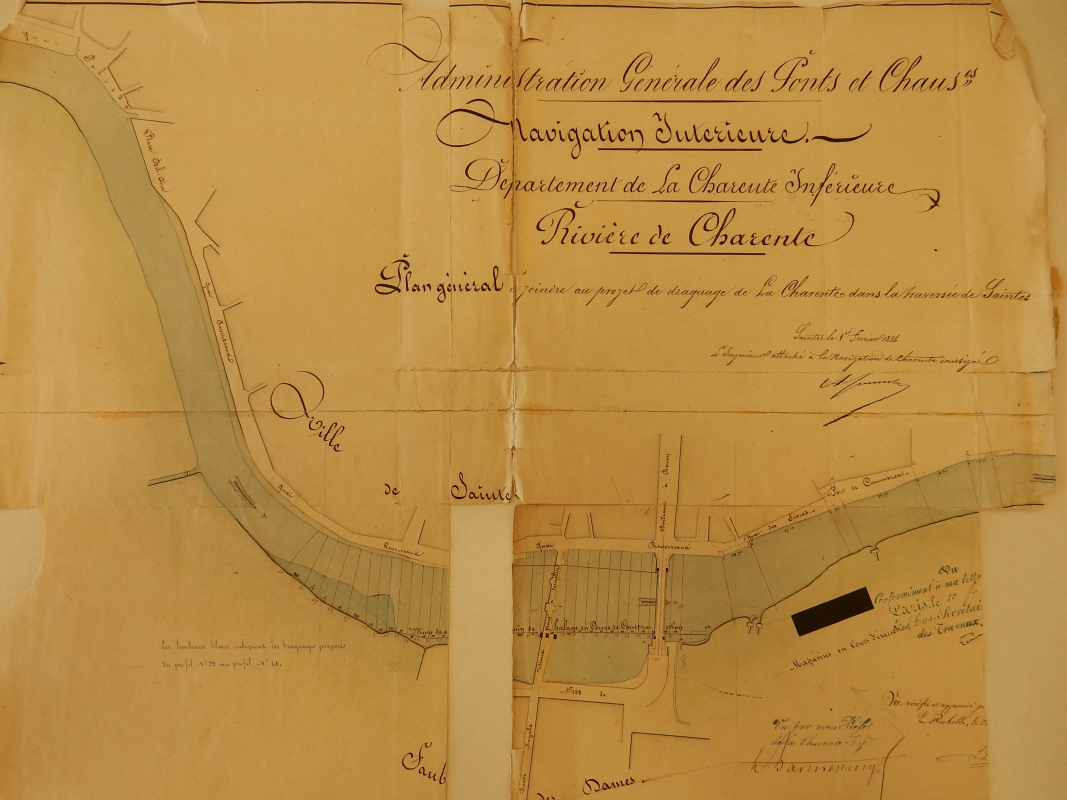 Plan général de la rivière Charente à Saintes, en 1844.