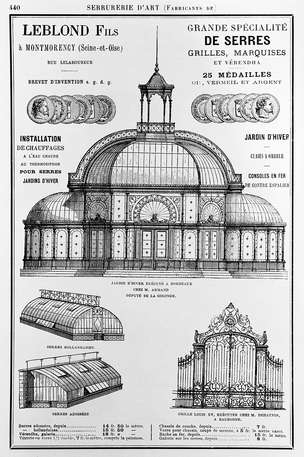 Jardin d'hiver, serres et grille : publicité sur catalogue Leblond et fils, fabricant de serrurerie d'art, vers 1900.