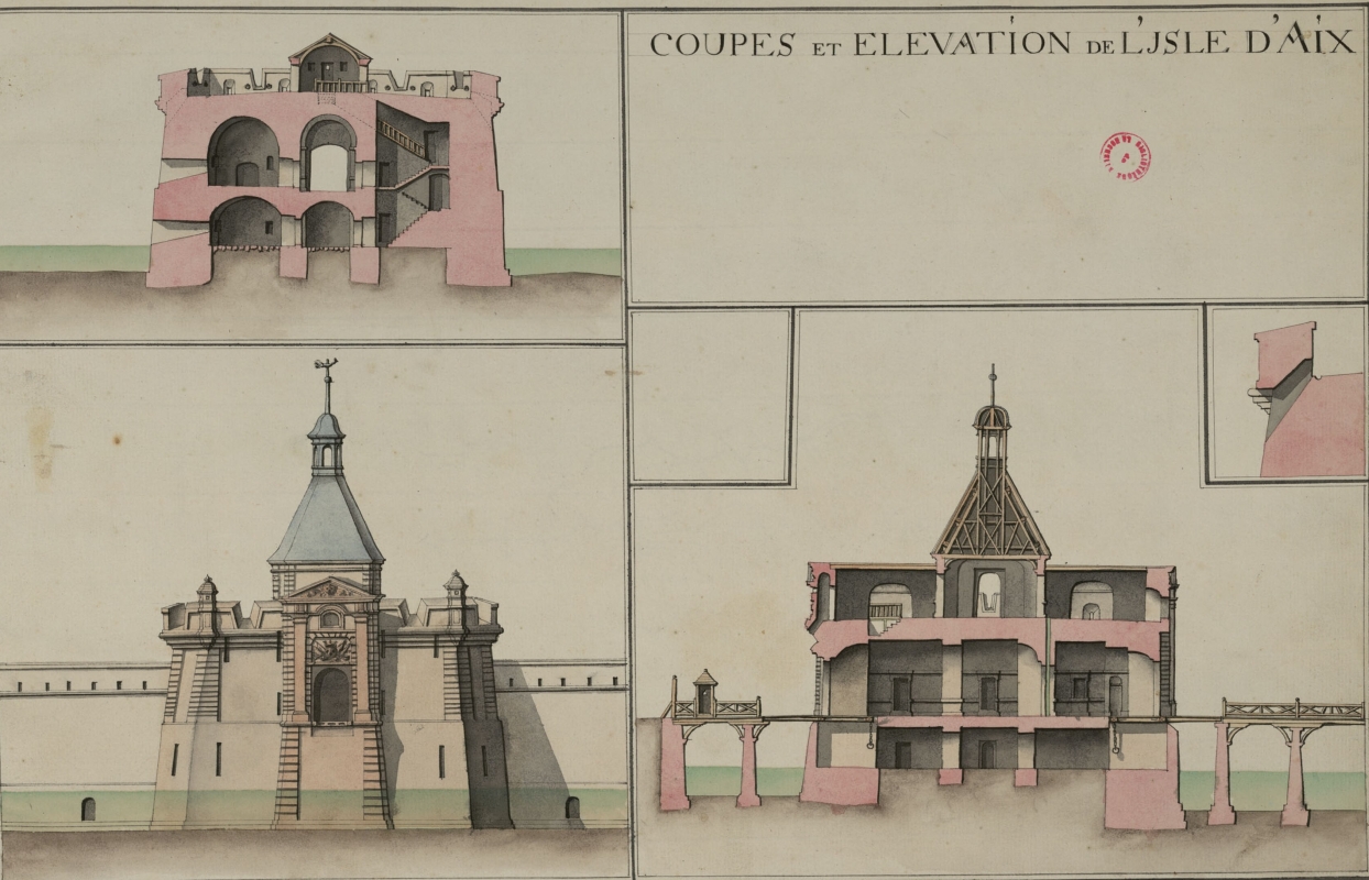 Elévation et coupes de la tour-réduit du fort, début du 18e siècle.