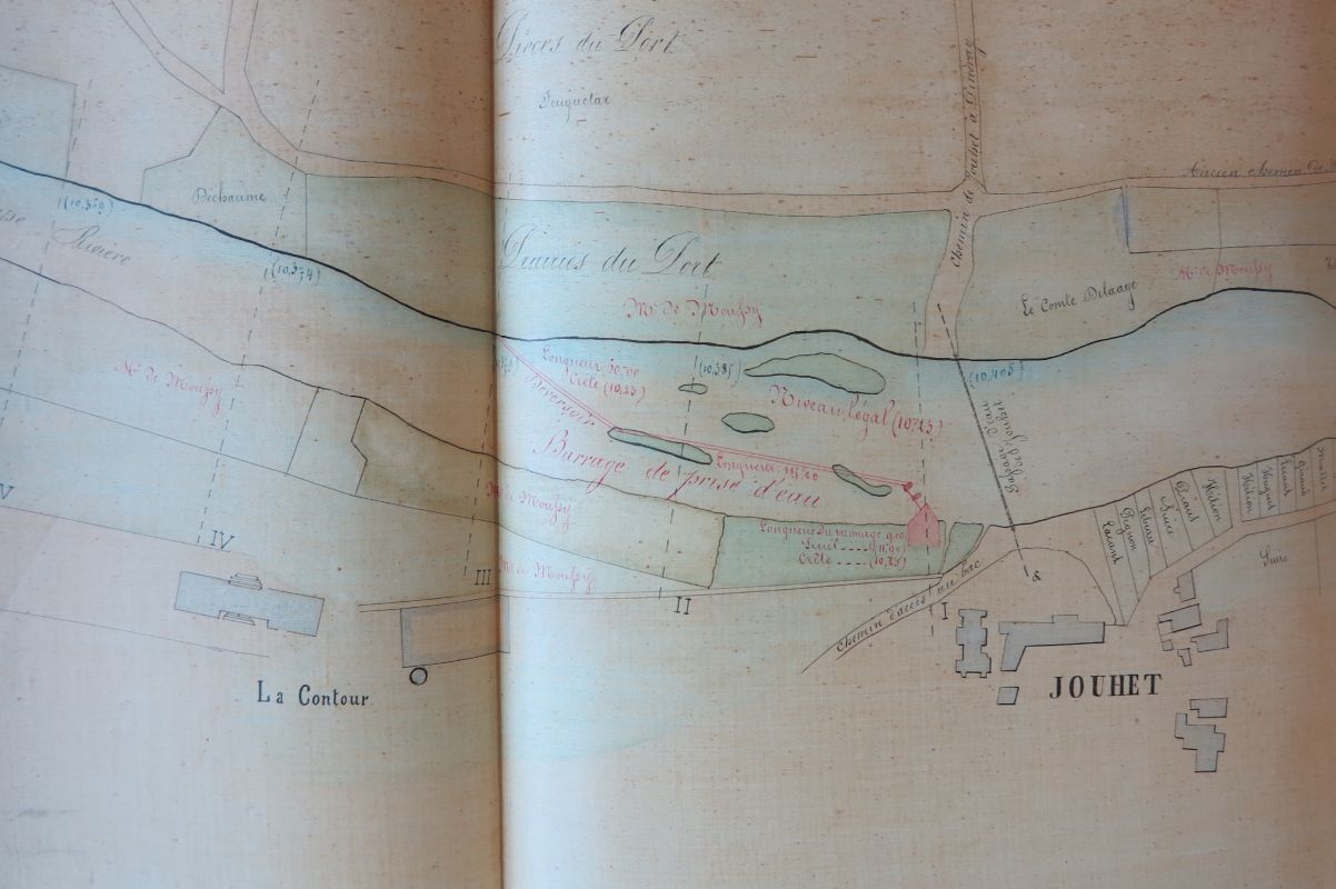 Plan général de la Gartempe, du moulin de Pruniers (Pindray) aux Vieux-Moulins de Jouhet, 1870. Repères 5 à 1 (du château de la Contour au bourg de Jouhet).