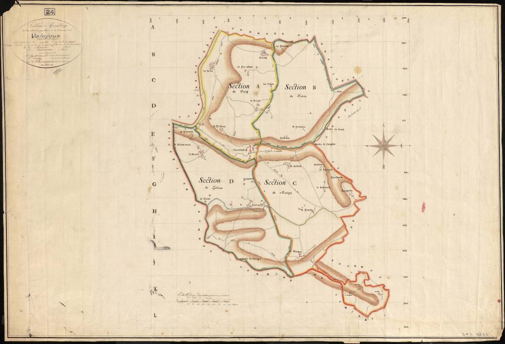Tableau d'assemblage du plan cadastral de la commune de Valojoulx en 1813.