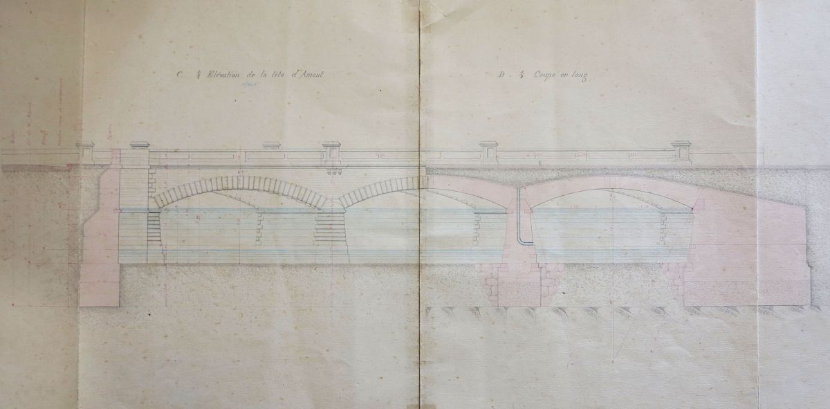 Projet de pont, partie sud, par l'agent-voyer Giraudeau, 6 août 1866 : demi-élévation et demi-coupe en long.