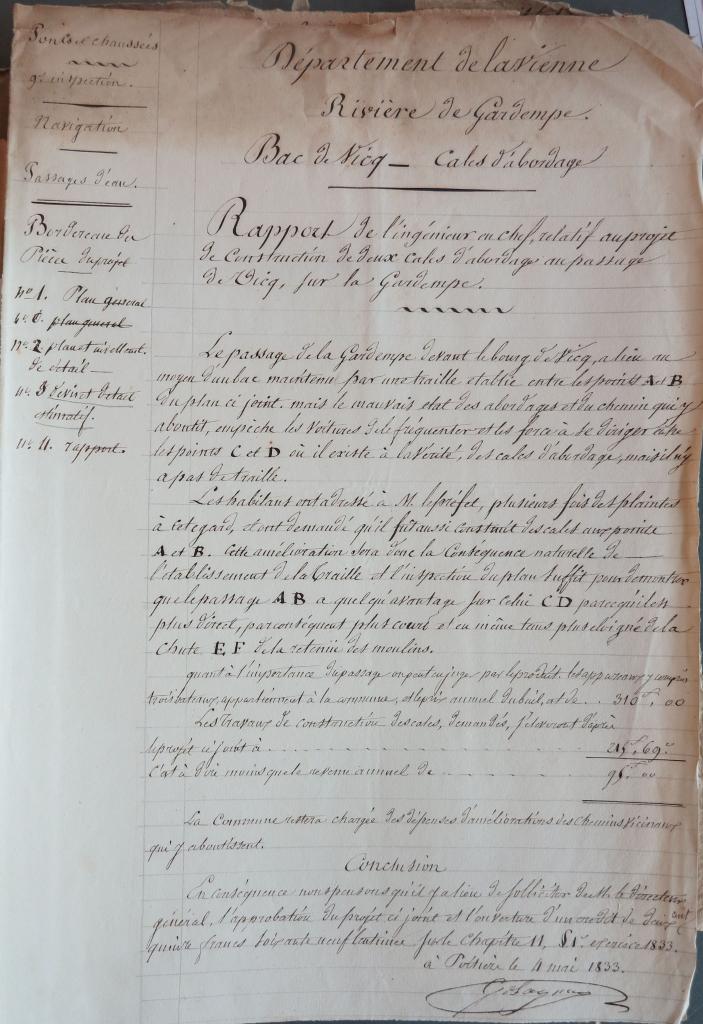 Rapport de l'ingénieur G. de Bagnac, projet de cales pour le port de Vicq, 4 mai 1833.