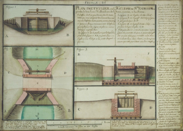 Plan d'une porte ou écluse (ici celle des Grands Greniers) du même type que la porte du canal de Mouillepied, par Claude Masse, vers 1700.