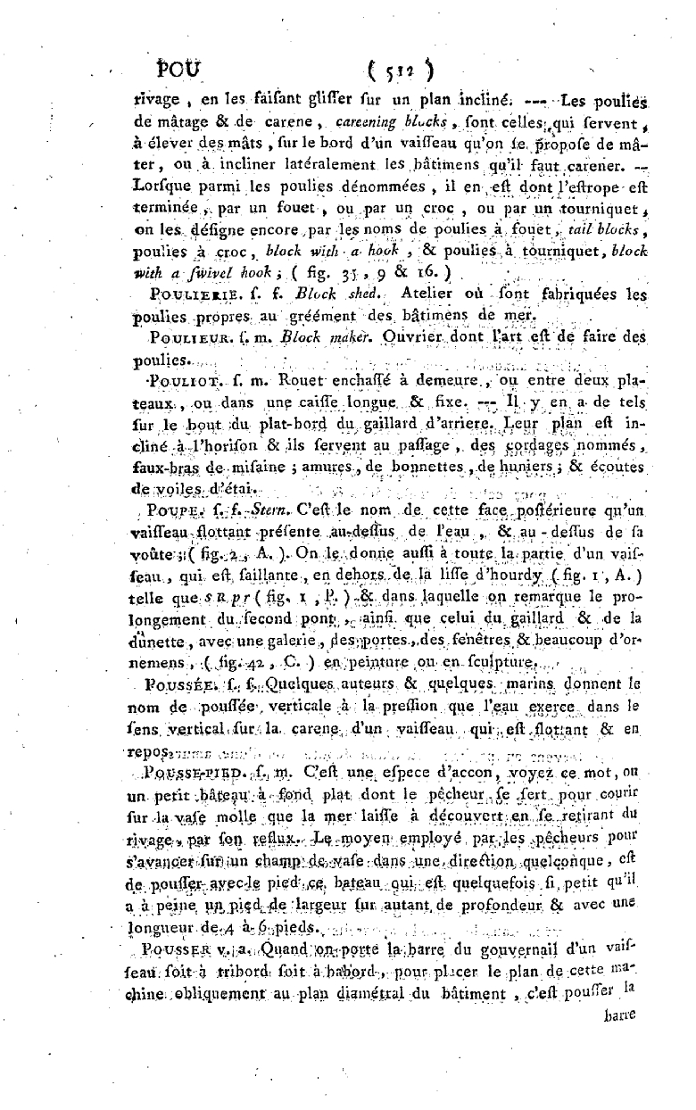 Définition du mot Poulie dans le Dictionnaire de la marine de Romme, suite, page 512. (Gallica)