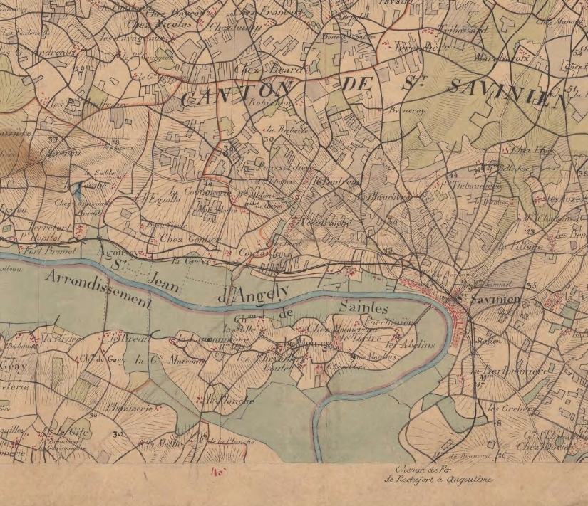 Le passage de bac entre Saint-Savinien et Le Mung n'et pas mentionné sur la carte d'Etat-major levée en 1866.