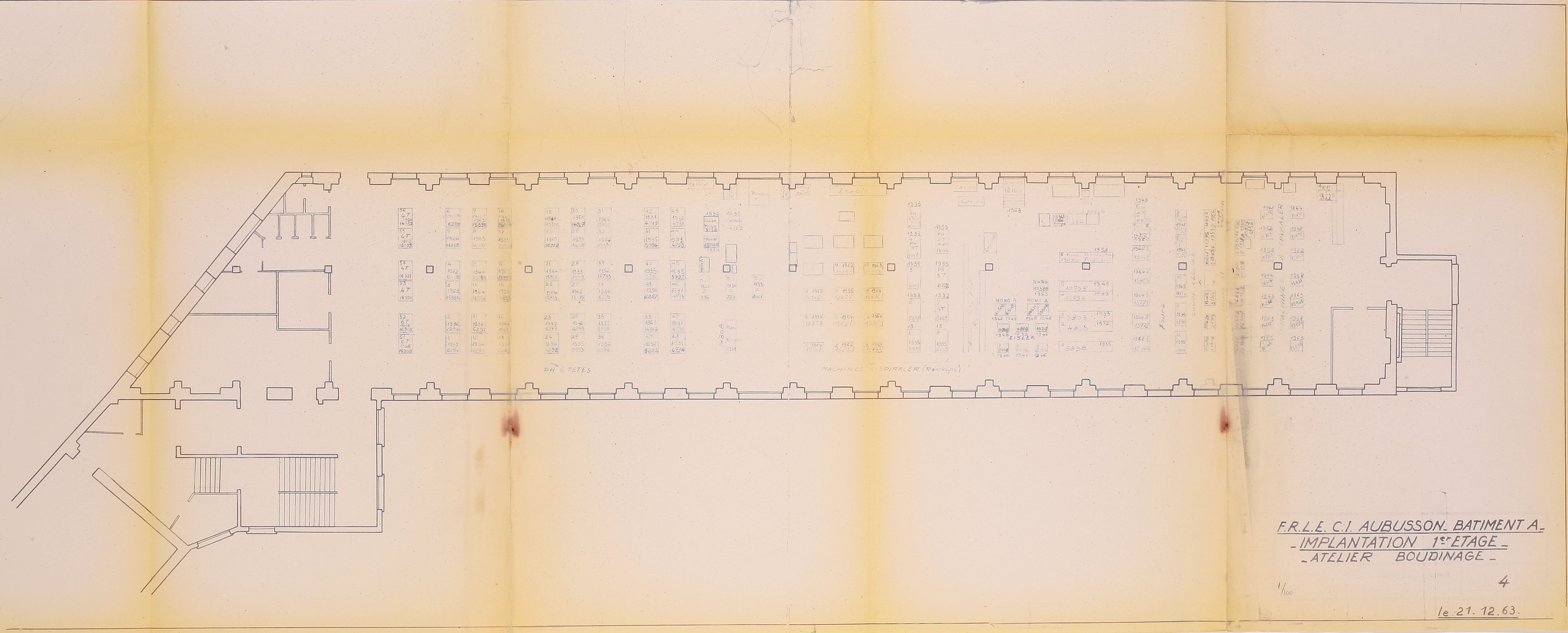 Plan du 1er étage du bâtiment A de la FRLE (1963), avec l'atelier de boudinage des filaments des lampes à incandescence (AC Aubusson)