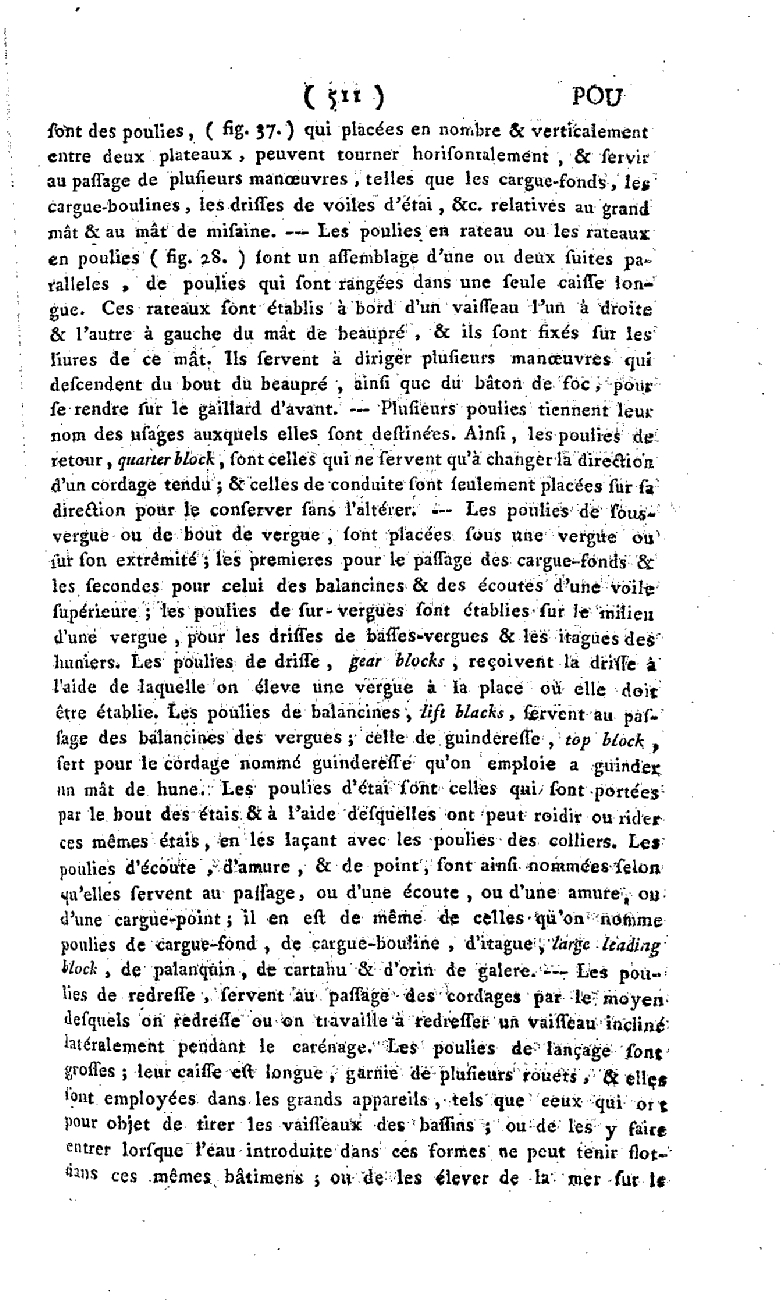 Définition du mot Poulie dans le Dictionnaire de la marine de Romme, suite, page 511. (Gallica)