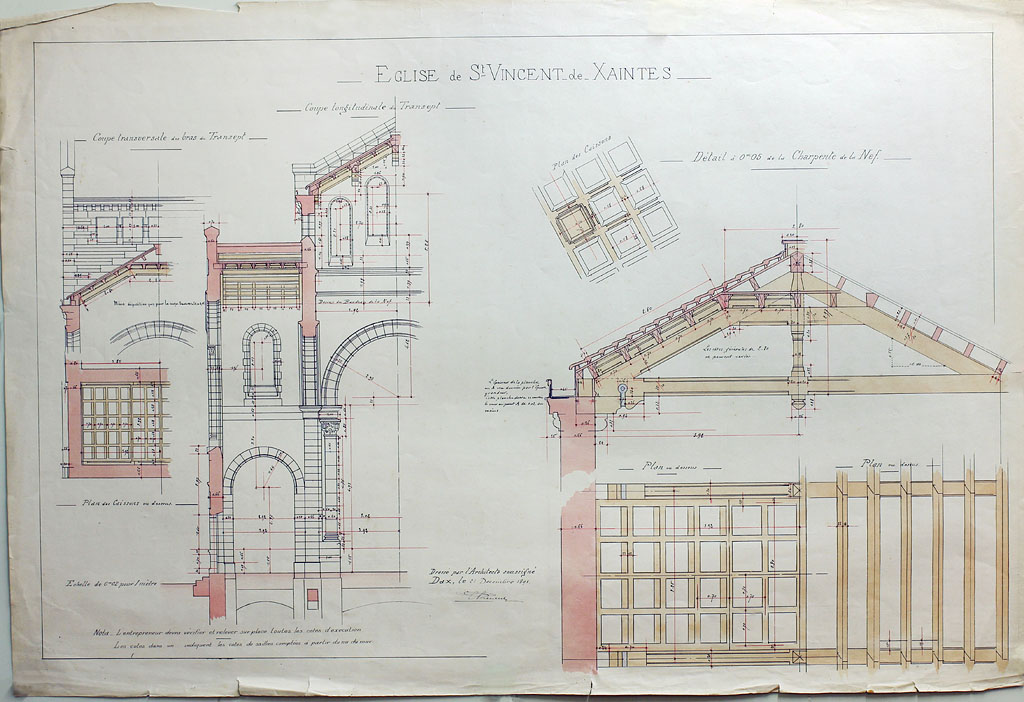 3e projet de reconstruction, par Edmond Ricard, 21 décembre 1891 : coupes longitudinale et transversale du transept, charpentes.