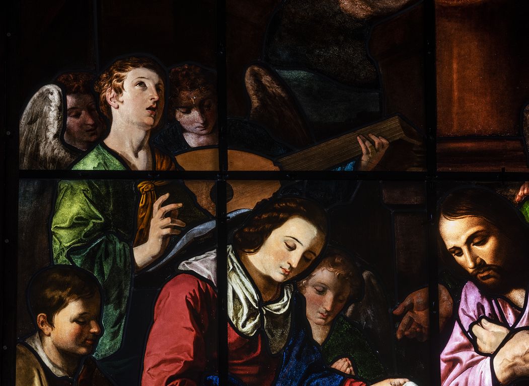 Détail de la partie gauche : la Vierge, saint Joseph, bergers et anges musiciens.