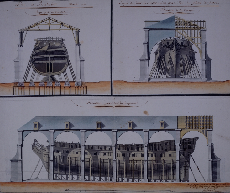 Port de Rochefort, année 1776 ; projet de calle de construction avec toit sur piliers de pierre ; coupes et élévation, fait et dressé par nous ingénieurs en chef et ordinaire de la marine, à Rochefort, le 19 novembre 1776, signés Angire (?), Toufaire.