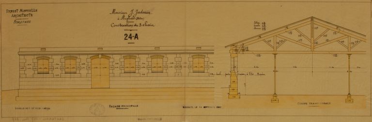 Monsieur J. Jadouin à Angludet. Construction de 3 chais. Façade principale et coupe transversale.