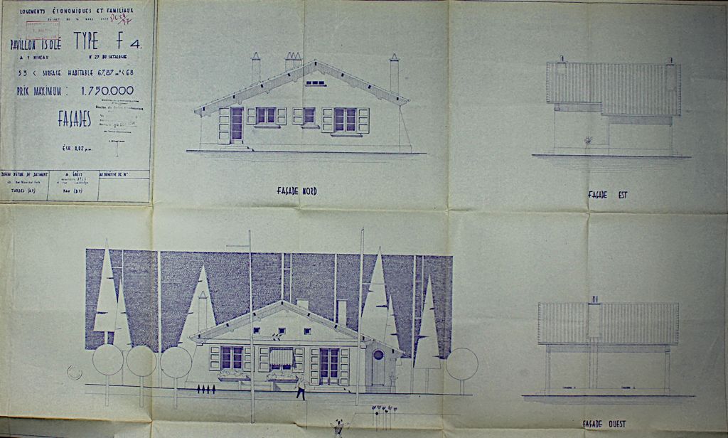 Dessins des façades d'un pavillon isolé, type F4, par l'architecte André Grésy, 1954.