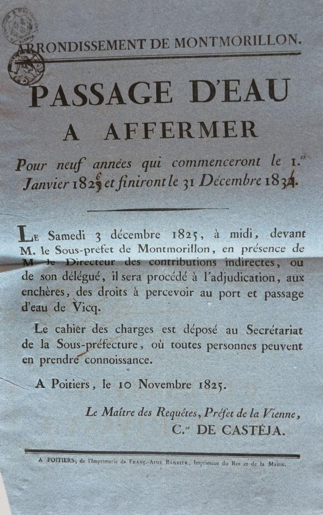 Affiche pour l'affermage du passage d'eau, 10 novembre 1825.