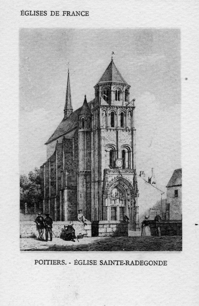 Eglise et clocher, vue du nord-est. Reporoduction d'un dessin. Carte postale ancienne.