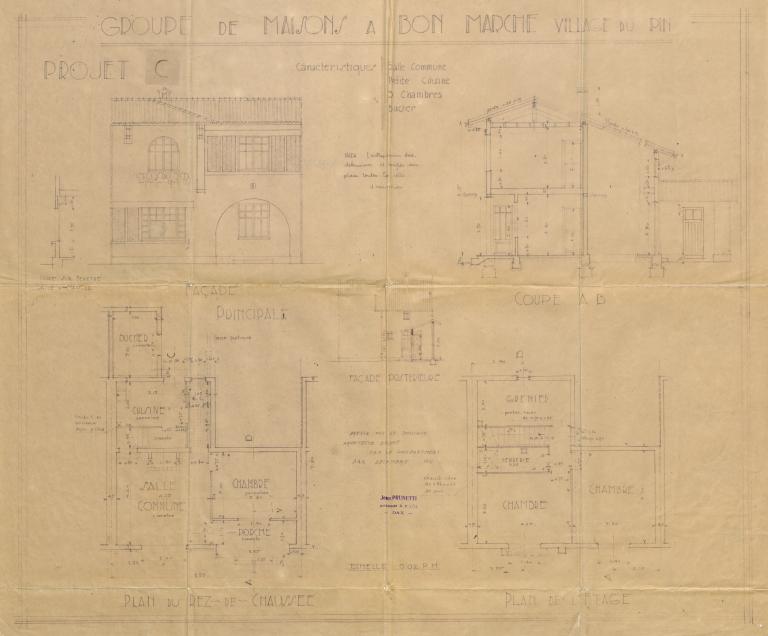 Maisons jumelles HBM du Village des Pins. Projet C : plan, coupe et élévations. Jean Prunetti, 1931.