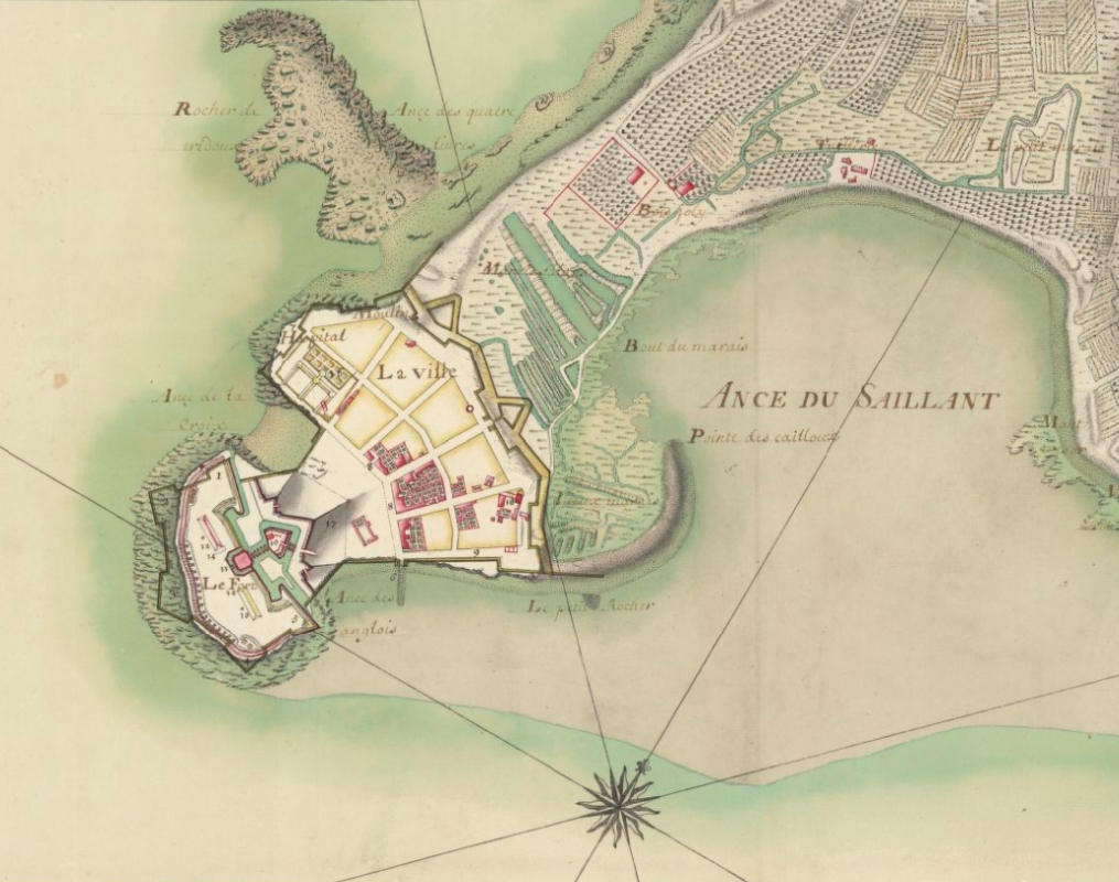 Projet pour le fort et le bourg sur une carte de l'île de 1704.