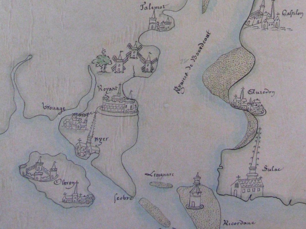 Les moulins de Meschers, repères pour la navigation, sur la carte de la Gironde par Jean Alphonse en 1545.