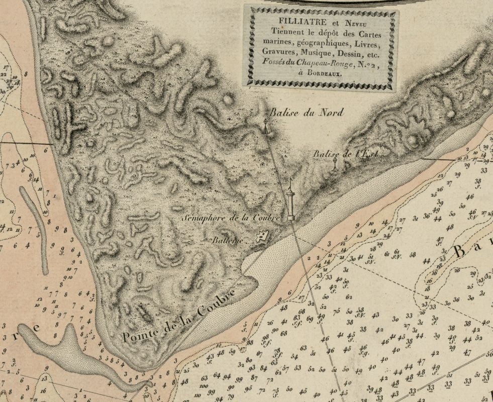 Tour et balises à la pointe de la Coubre sur une carte de la Gironde en 1812-1813.