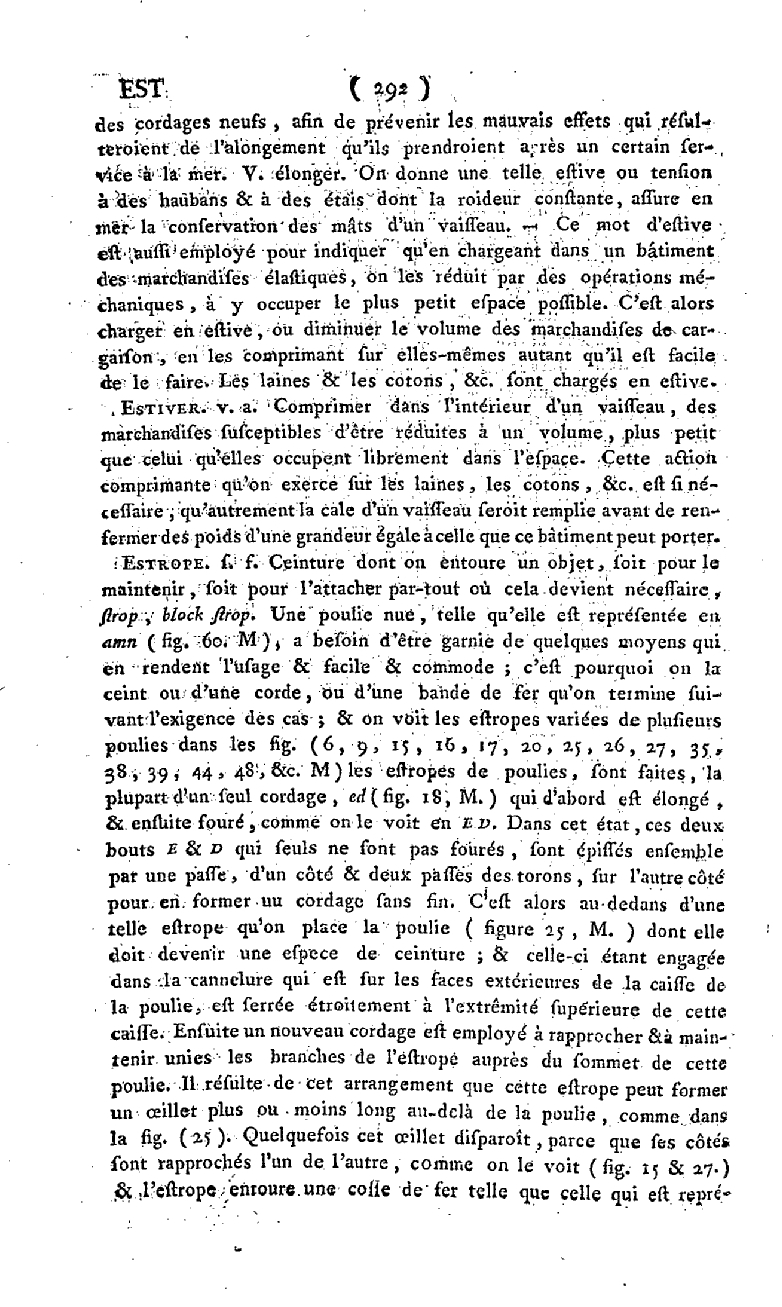 Définition du mot Estrope dans le Dictionnaire de la marine de Romme, page 292. (Gallica)