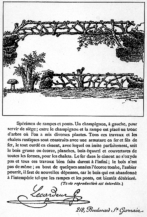 Dessin de deux ponts en rocaille publié dans un catalogue de modèles de Gabriel Lecardeur, entrepreneur de travaux rustiques. Le dessin du haut correspond au modèle de celui du parc du Reynou.