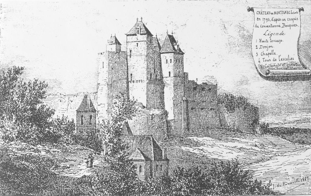 Château de Montignac-le-Comte en 1793, d'après un dessin du conventionnel Bouquier, par Jules de Verneilh, 1882. Seule subsiste une partie du 