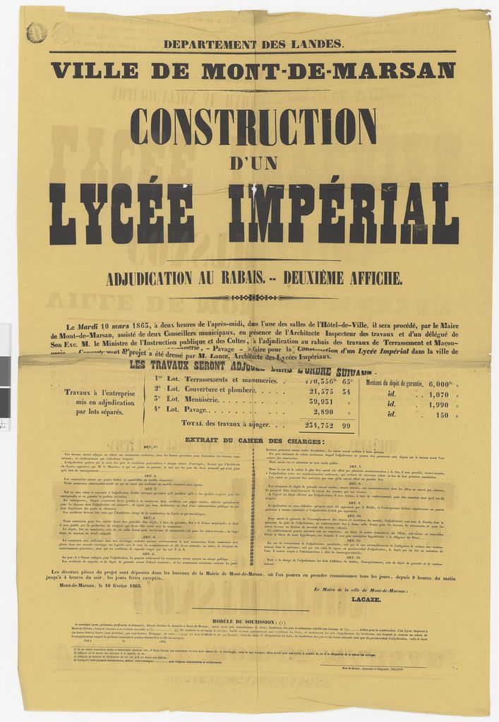 Affiche concernant l'adjudication pour la construction du lycée en 1863