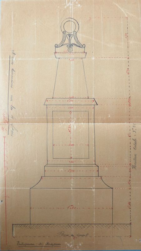 Plan du monument aux morts de Jouhet par Léon Mazereau, entrepreneur, annoté par la commission d'évaluation artistique, 1921.
