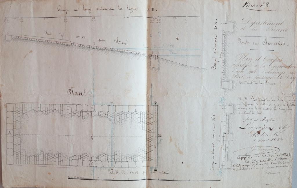 Plan et coupes d’une rampe d’abordage à construire au port de Vicq, signé de Bagnac, ingénieur en chef, 4 mai 1833.