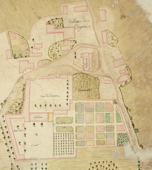 Extrait d'un plan du village de Dignac avec le château Saint-Aubin. de la 2e moitié du 18e siècle. Dessin, 2e moitié du 18e siècle.