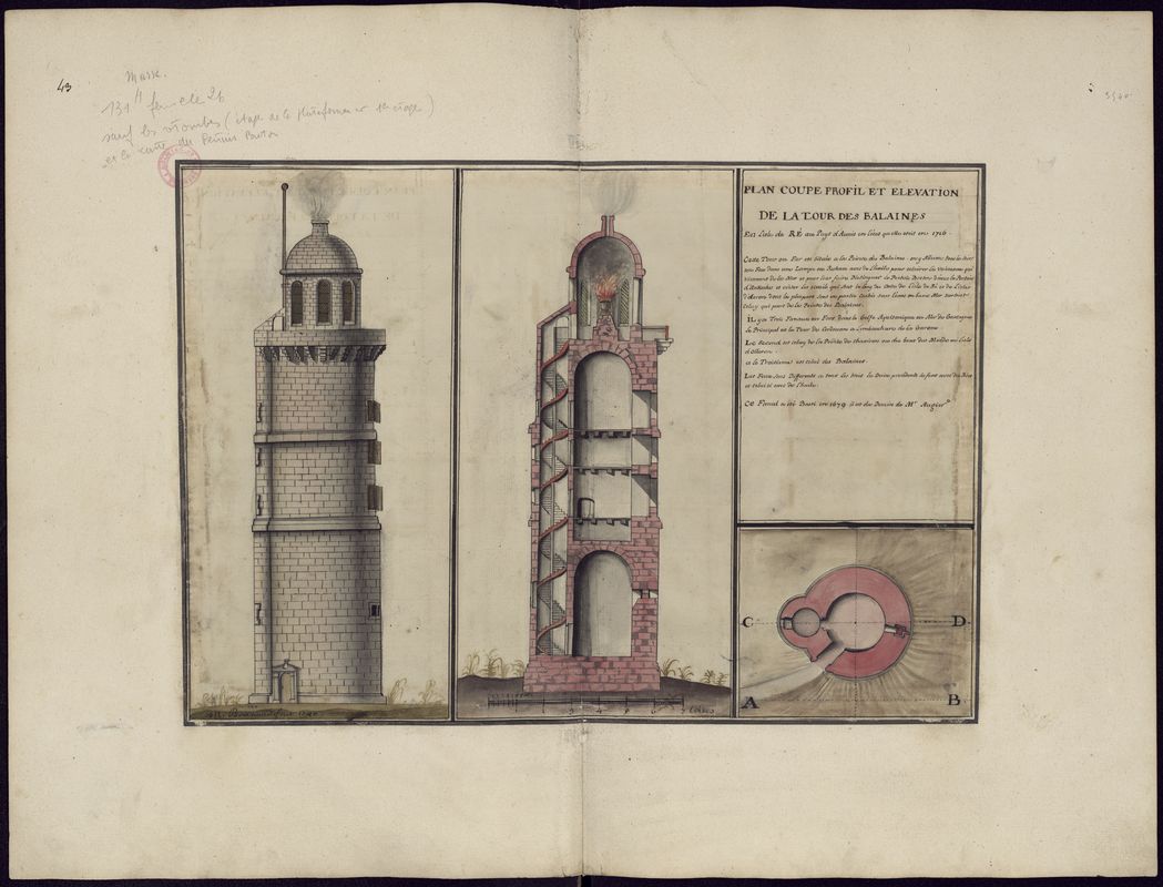 Plan, coupe, profil et élévation de la tour des Balaines, 1716.