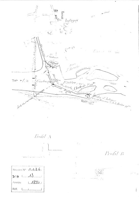 Plan du moulin et du barrage d'Antigny, 1892.
