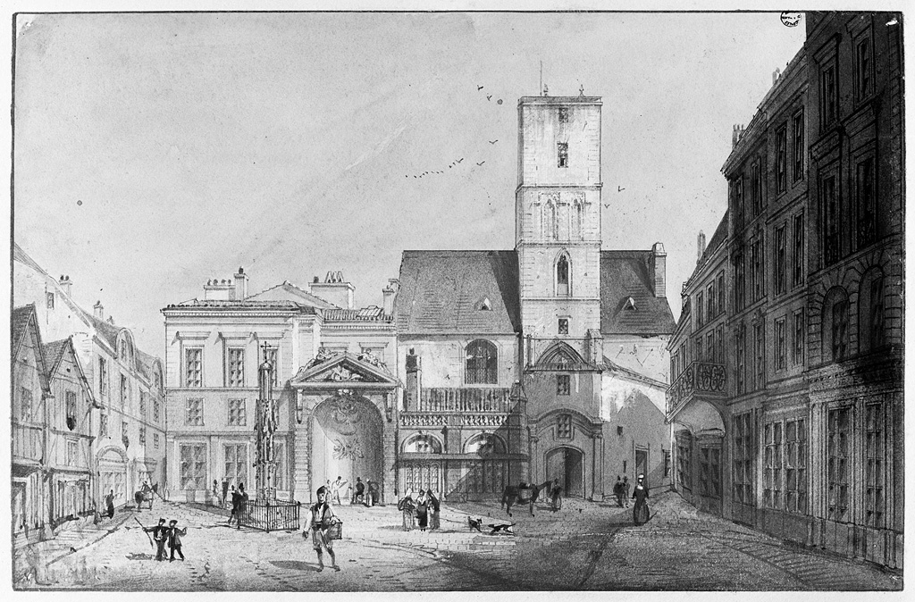 Vue d'ensemble de la fontaine et de l'église Saint-Projet sur l'élévation sud de la place. Aquarelle d'Auguste Bordes.