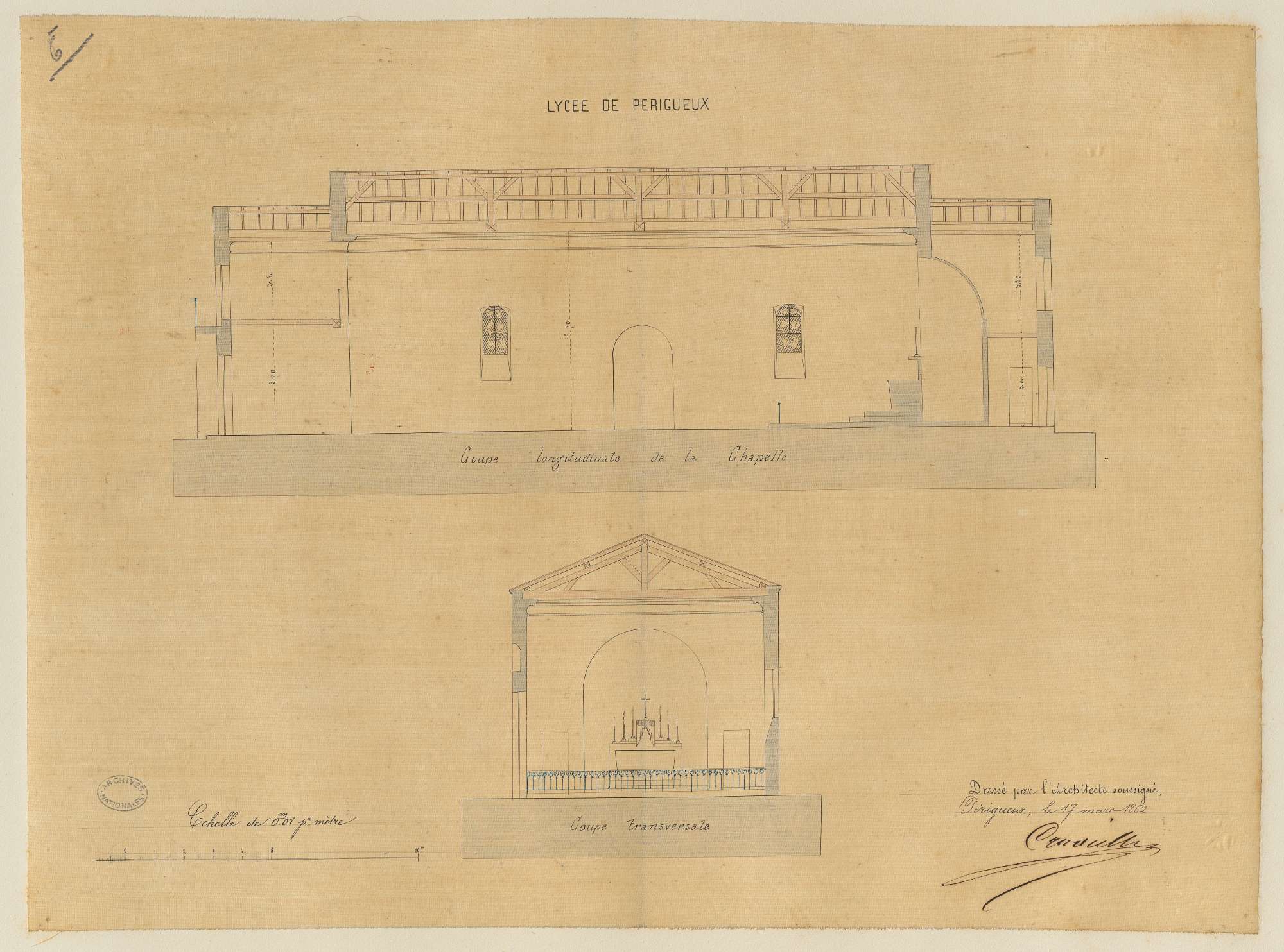 Lycée impérial. Coupes longitudinale et transversale de la chapelle. 0.01 pm. Signé de l'architecte Elie Poncet Cruvelier, 17 mars 1862.